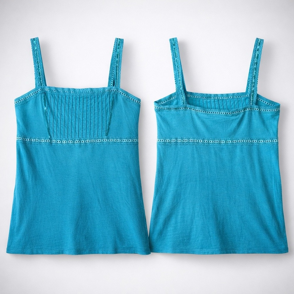 Ann Taylor LOFT Teal Blue Crochet Lace Pintuck Empire Waist Camisole‎ Top Medium